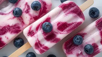 blueberry yogurt swirl popsicles with blueberries on the picture