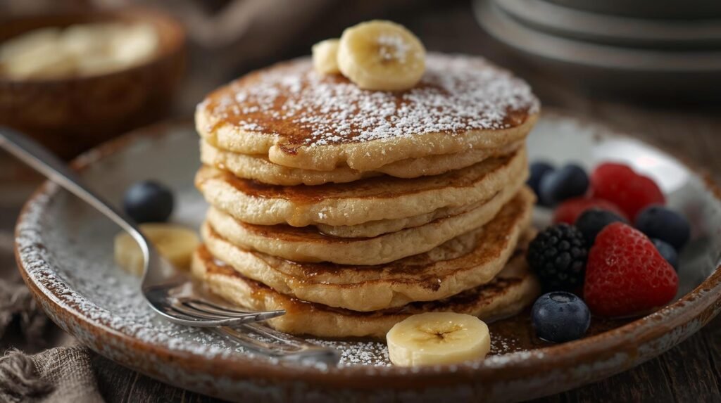 A stack of fluffy banana pancakes topped with banana slices and powdered sugar, served on a rustic plate with fresh berries including strawberries, blueberries, and blackberries.