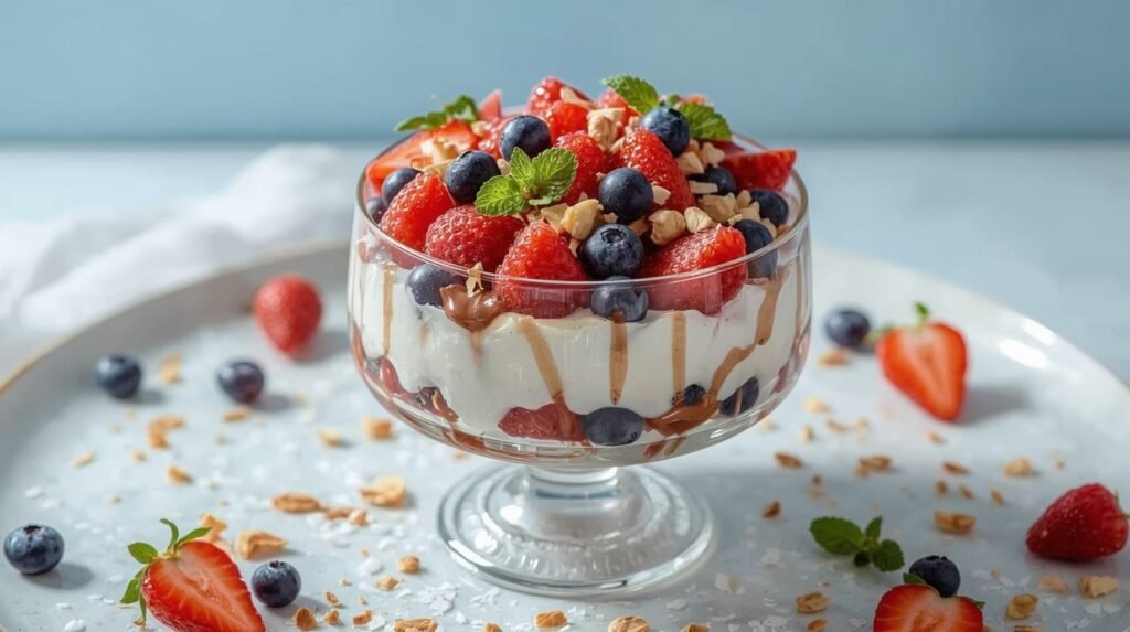 A glass dessert cup filled with layered no-bake yogurt and cream, topped with fresh strawberries, blueberries, chopped nuts, and a drizzle of caramel, served on a plate decorated with scattered berries and almond flakes.
