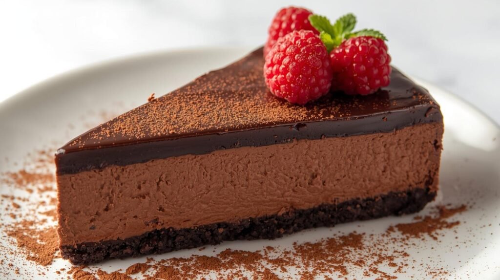 Slice of rich chocolate cheesecake with a dark chocolate glaze, topped with fresh raspberries and mint leaves, served on a white plate with cocoa powder sprinkled around.
