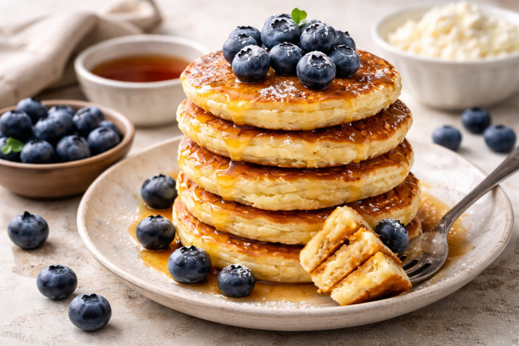 Fluffy cottage cheese pancakes stacked on a white plate, topped with fresh blueberries and drizzled with maple syrup, styled in soft natural light on a rustic kitchen background,