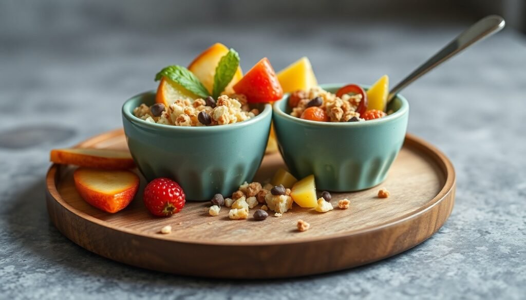 Healthy fruit and granola bowls served in teal cups, topped with fresh strawberries, apple slices, mini chocolate chips, and crisp clusters on a wooden tray.