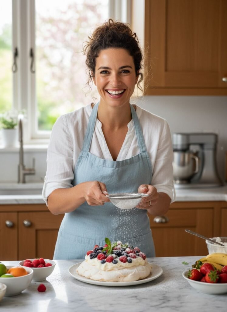 Smiling woman in a home kitchen sprinkling powdered sugar over a berry-topped dessert