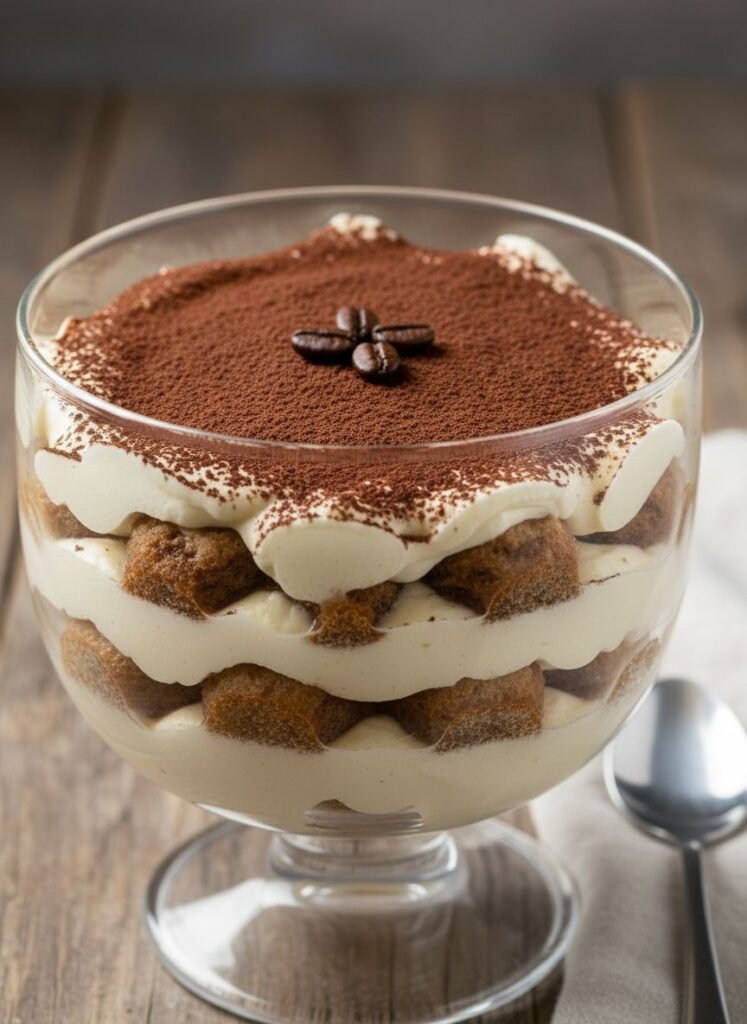 “Healthy keto tiramisu in a glass dish with mascarpone cream and cocoa powder topping, sugar-free Italian dessert.”